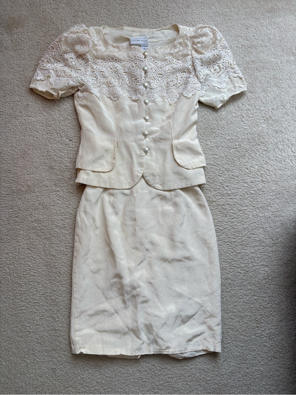Vintage Scott McClintock Ivory 2-pc Skirt Set Lace Pearl Peplum coquette Sz 0/2